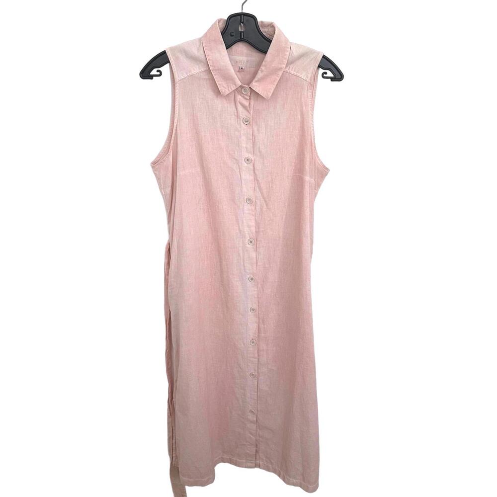Envy Sleeveless Pink Button-Down Midi Linen Blend Dress with Tie Waist - M
